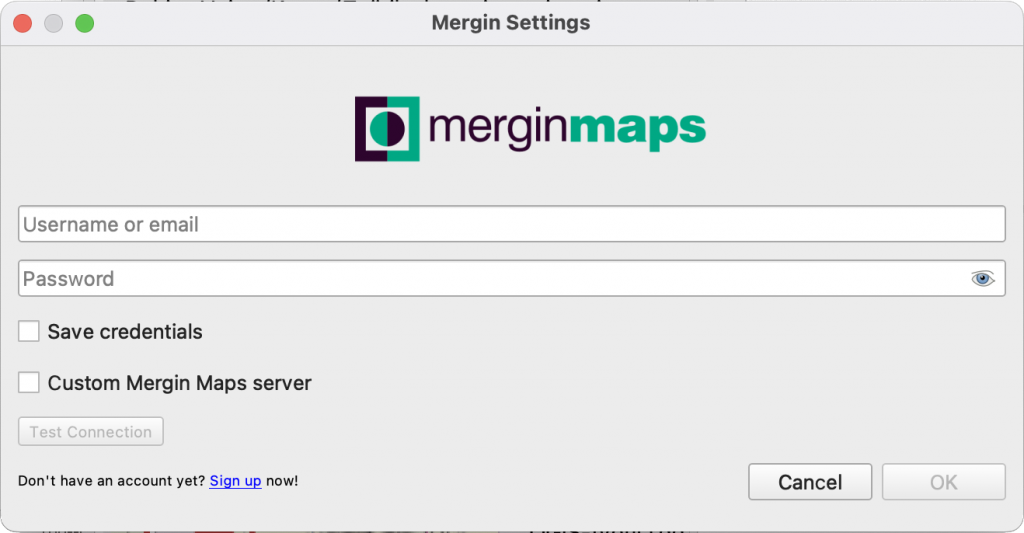 Mergin Maps -lisäosan konfigurointi-ikkuna