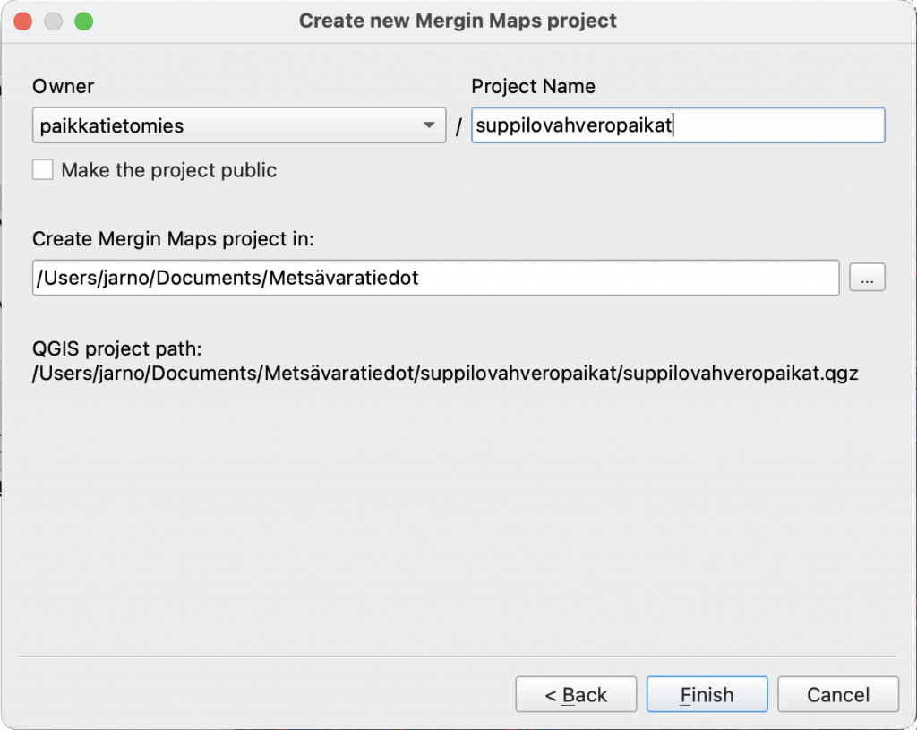 Mergin Maps -lisäosan Create new Mergin Maps project -ikkuna (Mergin Maps -projektin omistaja, nimi ja paikallinen tallennussijainti)